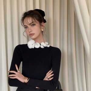 🖤Commense Elegant Black Sweater with White Floral Detail🖤